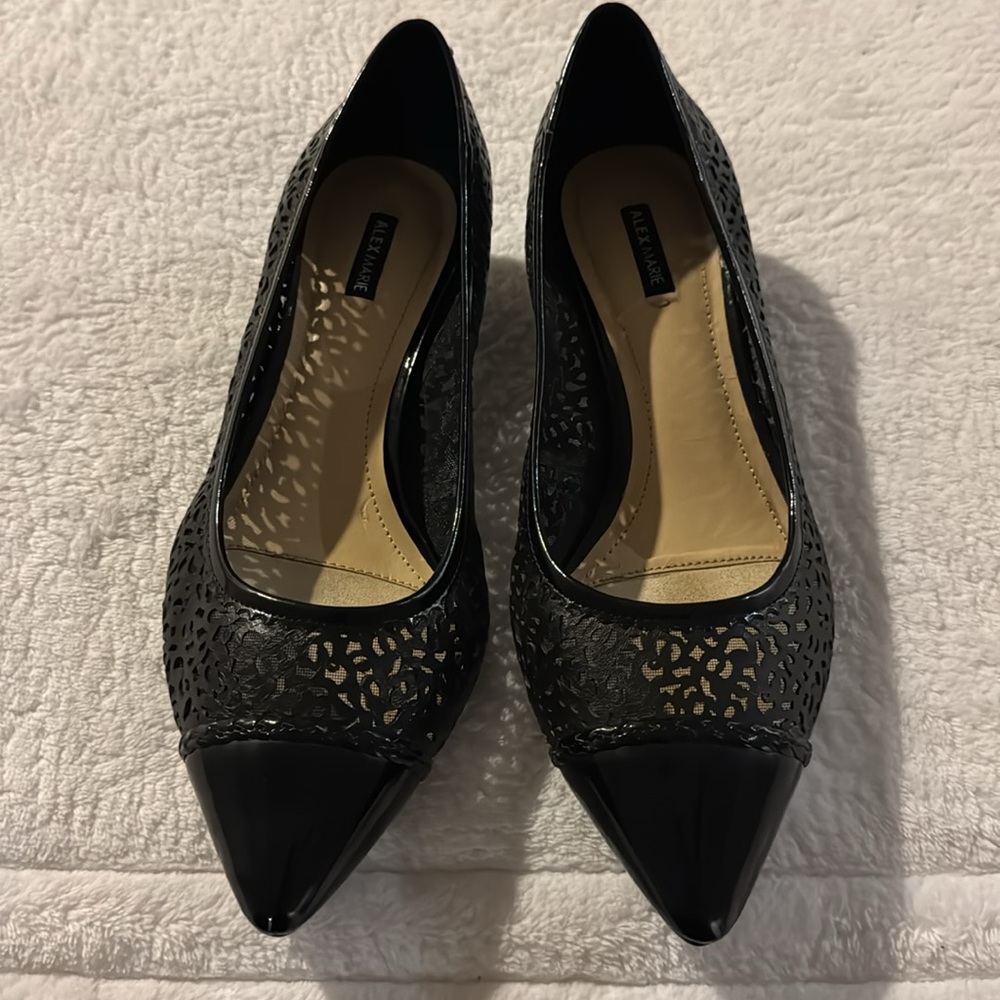 Alex Marie Black Leather, Mesh & Patent Low Heel Pumps